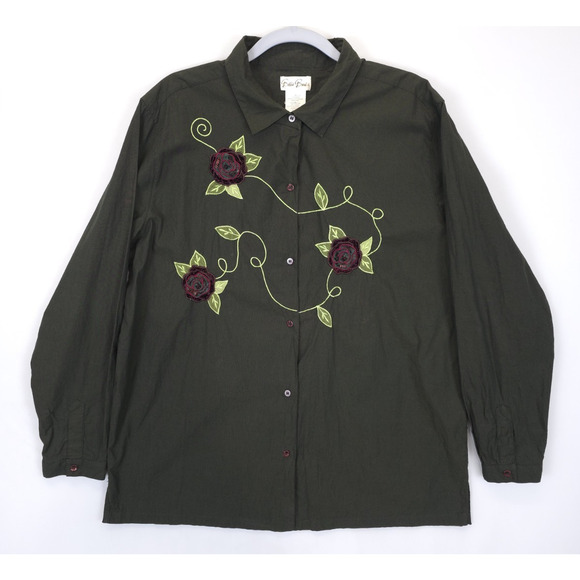 Bobbie Brooks Button Shirt Embroidered Floral Women XL Olive Western Cottagecore - Picture 1 of 14